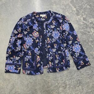 LOFT Floral Print Jacket Womens Long Sleeve Open Front Blue‎ Orange 2